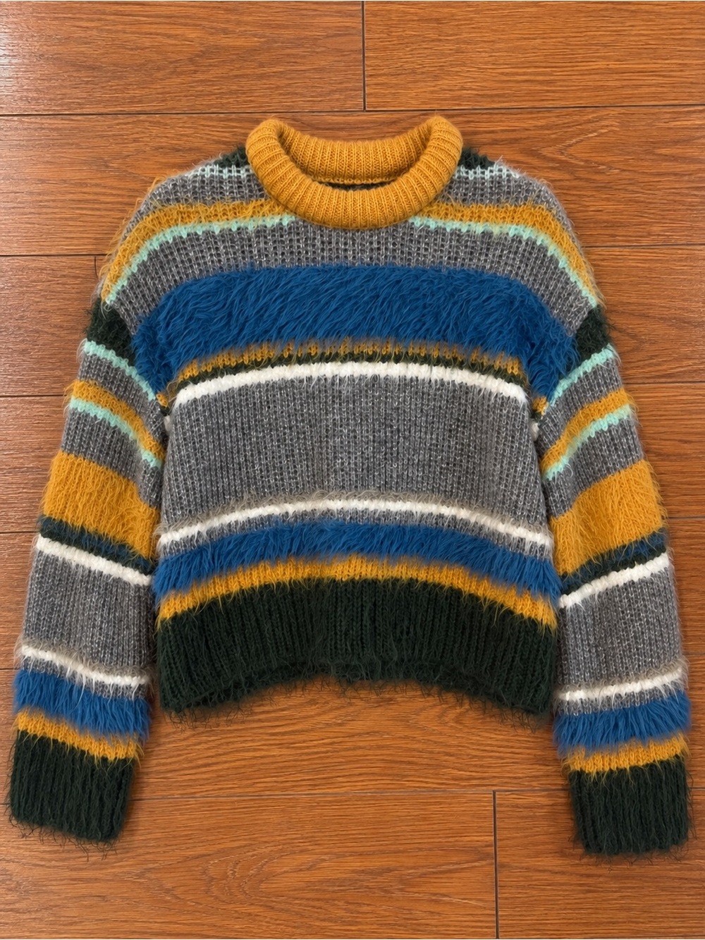 Urban Revivo Size M Striped Fuzzy Cropped Sweater in Mustard, Blue & Gray